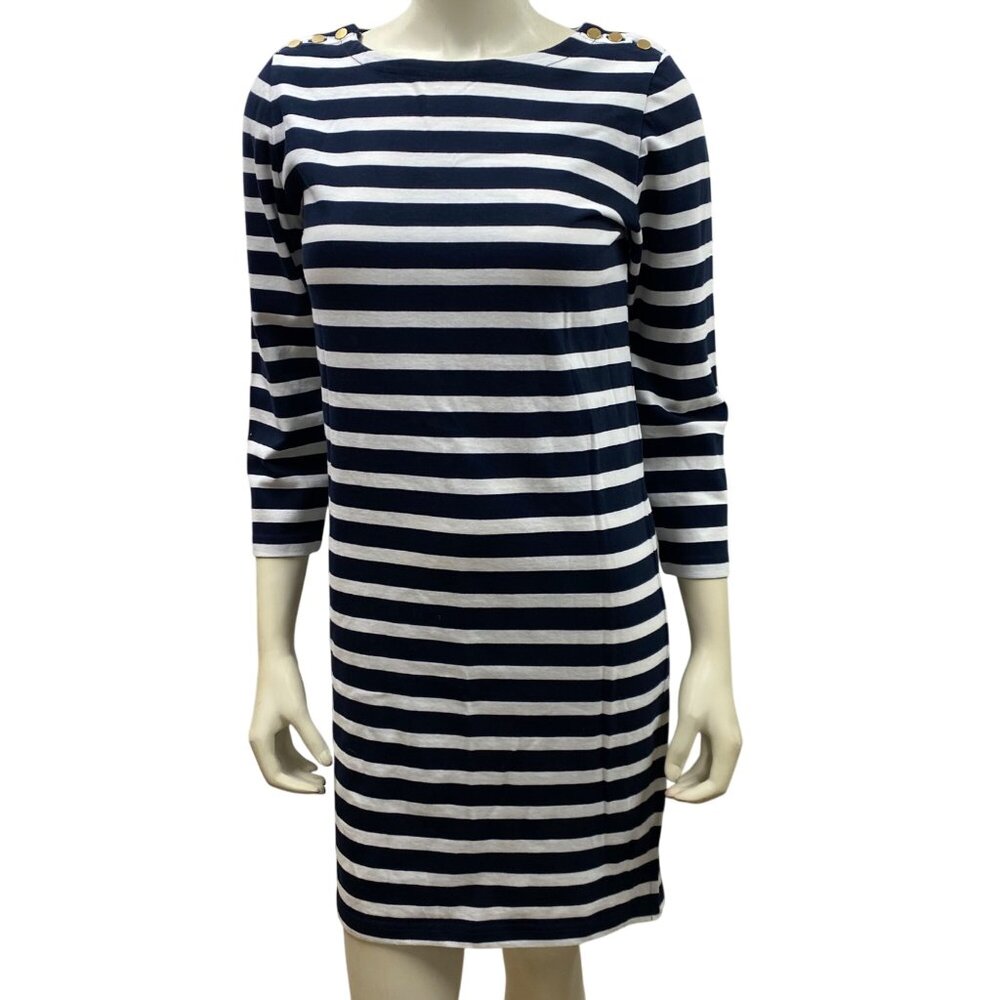 J.Crew Black & White Striped Dress With Gold Button Detail XS